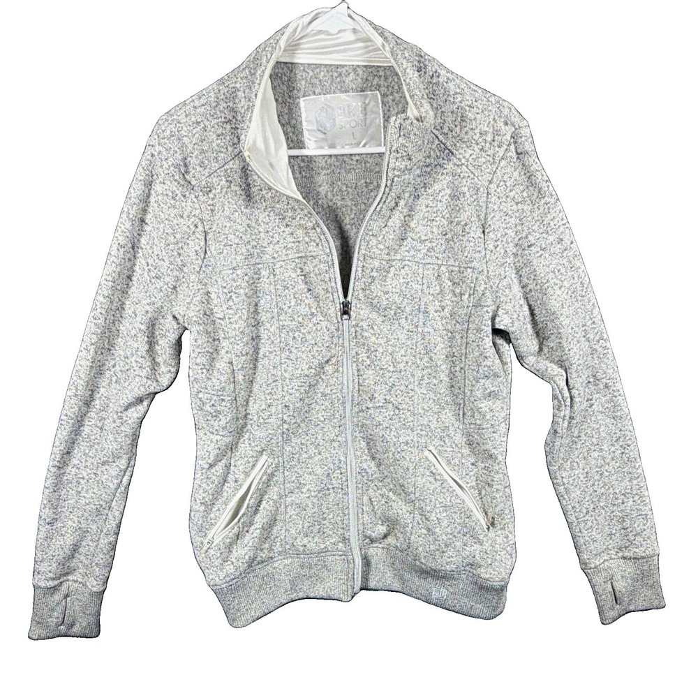 Womens Large Fleece Zip Jacket, BKE Sport, Gray, Marl Knit Thumbhole Cuffs